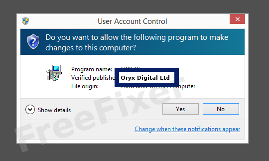 Screenshot where Oryx Digital Ltd appears as the verified publisher in the UAC dialog